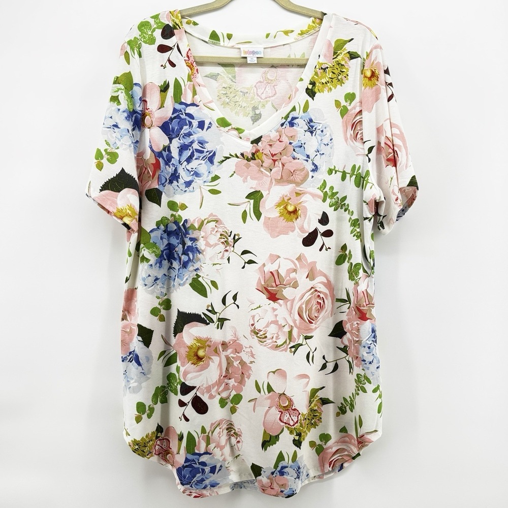 Womens Oversized Shirt Boyfriend Pullover Lularoe V-Neck Short Sleeve Floral XL‎
